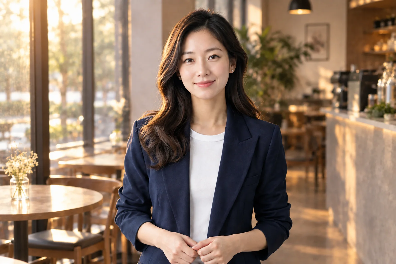 Same adult woman in a warm cafe setting after an AI photo edit