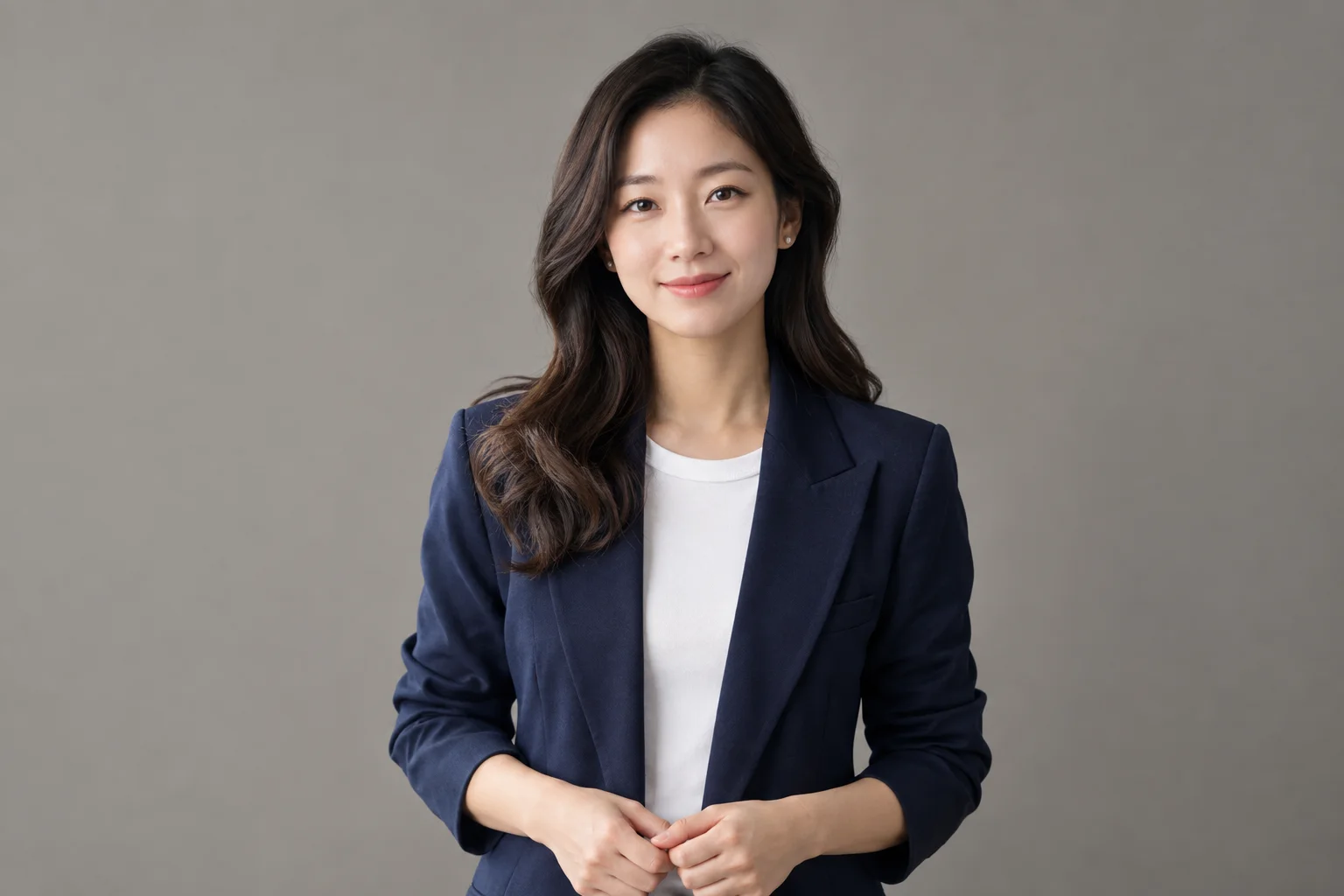Adult woman in a neutral studio before an AI photo edit