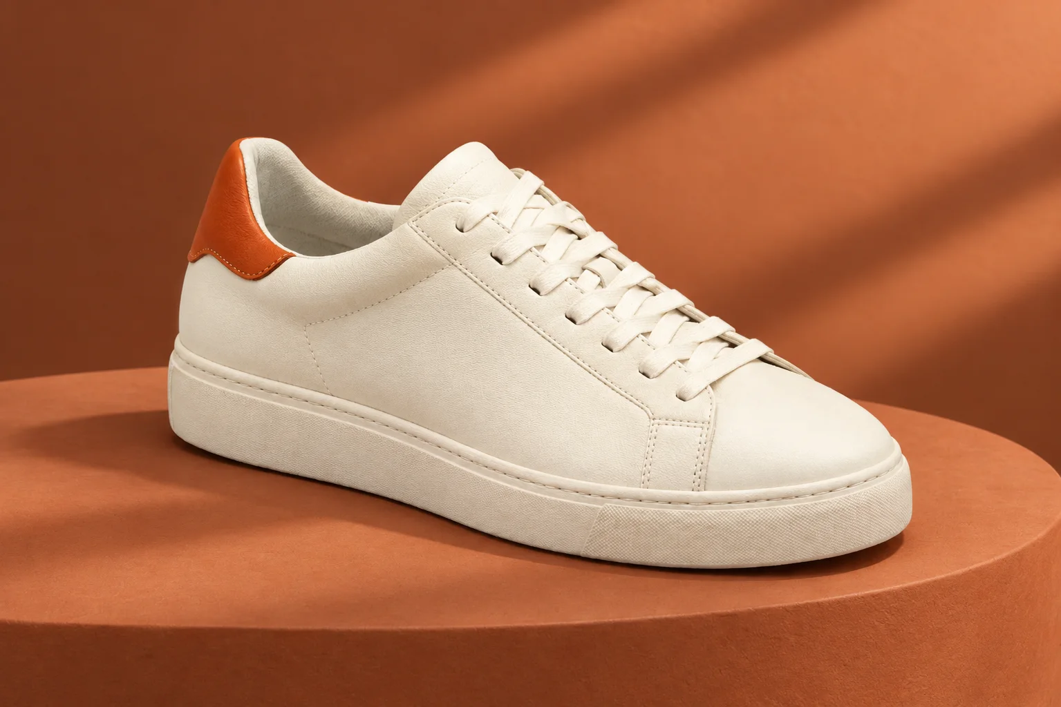 Cream sneaker on a terracotta product set after an AI edit