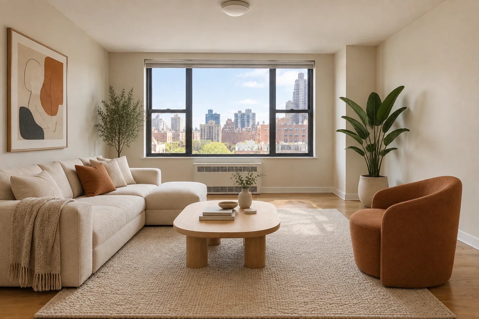 Same living room with warm wood and soft evening light after an AI interior restyle