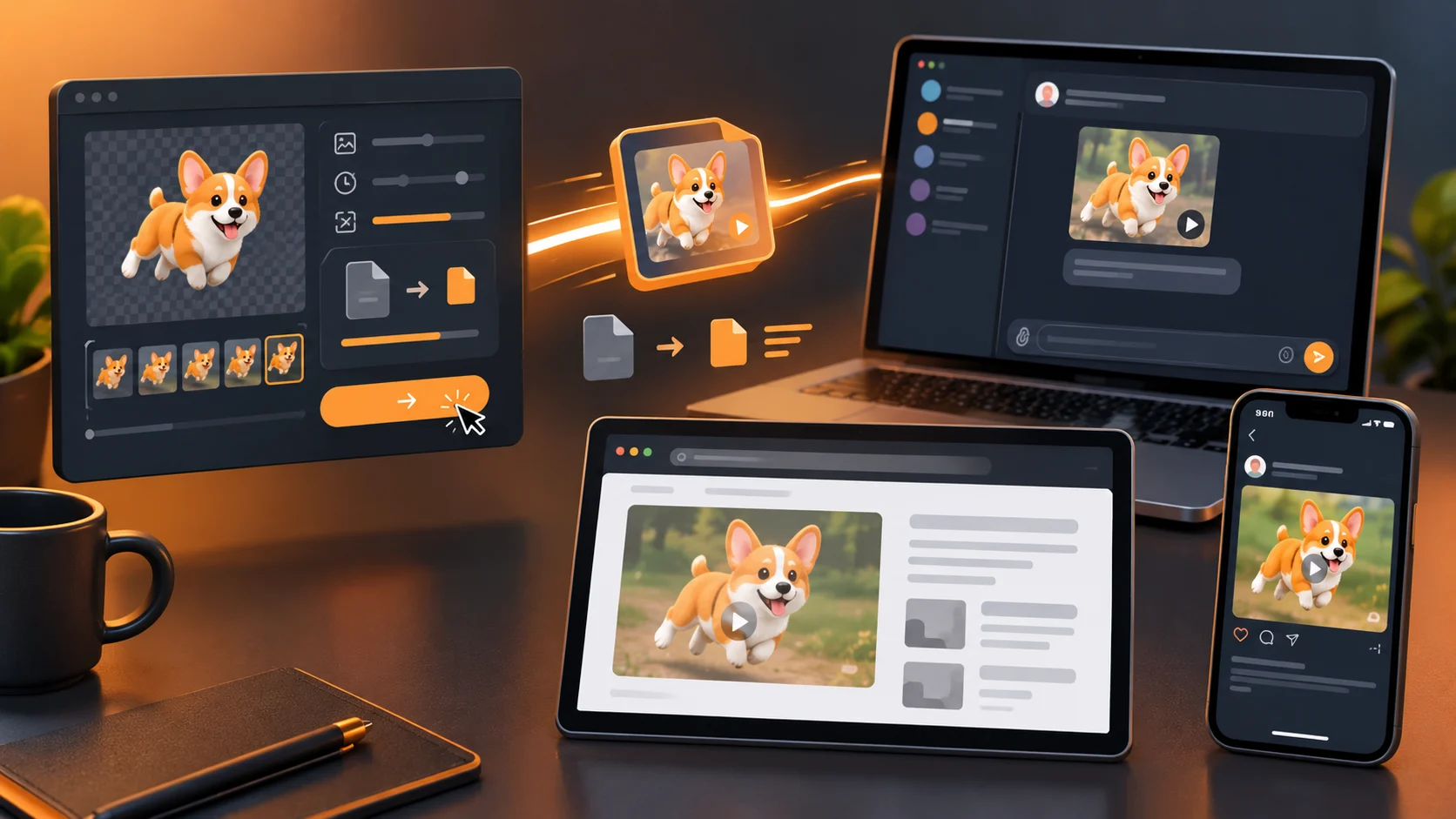 An animated corgi export moving from an editor to chat, web, tablet, and phone layouts