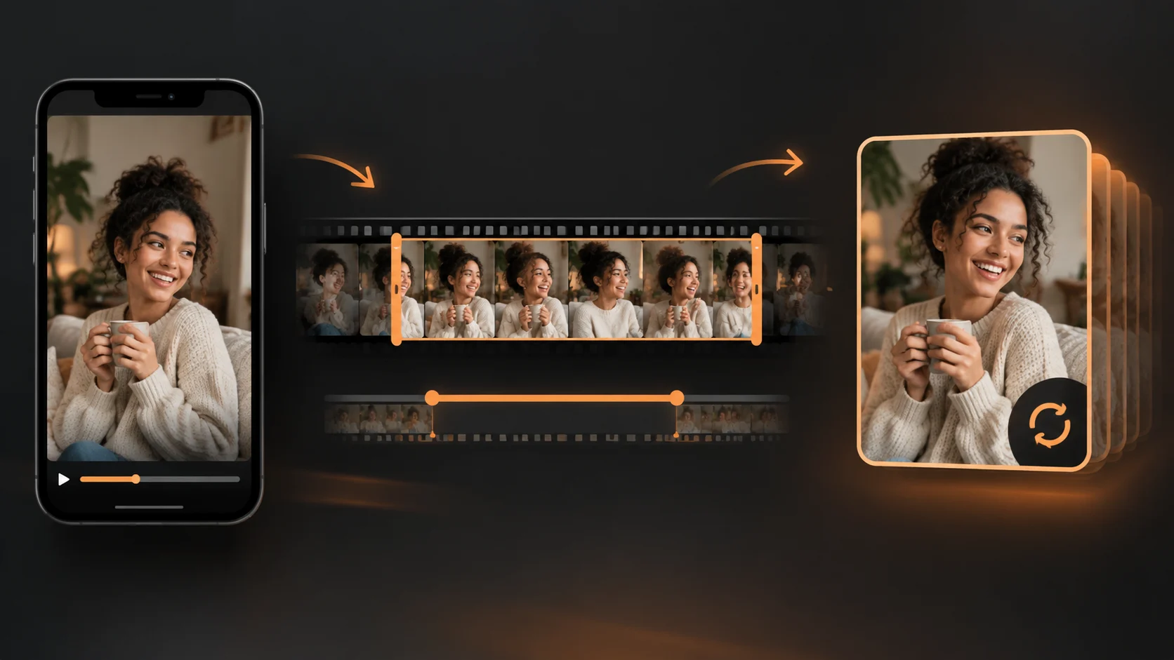 A short phone video being trimmed into a compact sequence of frames and a finished looping animation