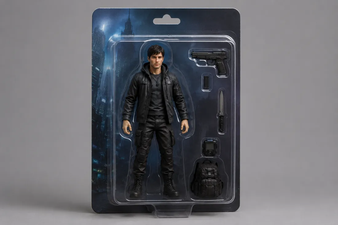A person's photo turned into a boxed collectible action figure in blister packaging