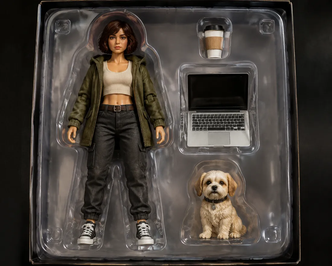 A blister pack with an action figure and small molded accessories in side slots