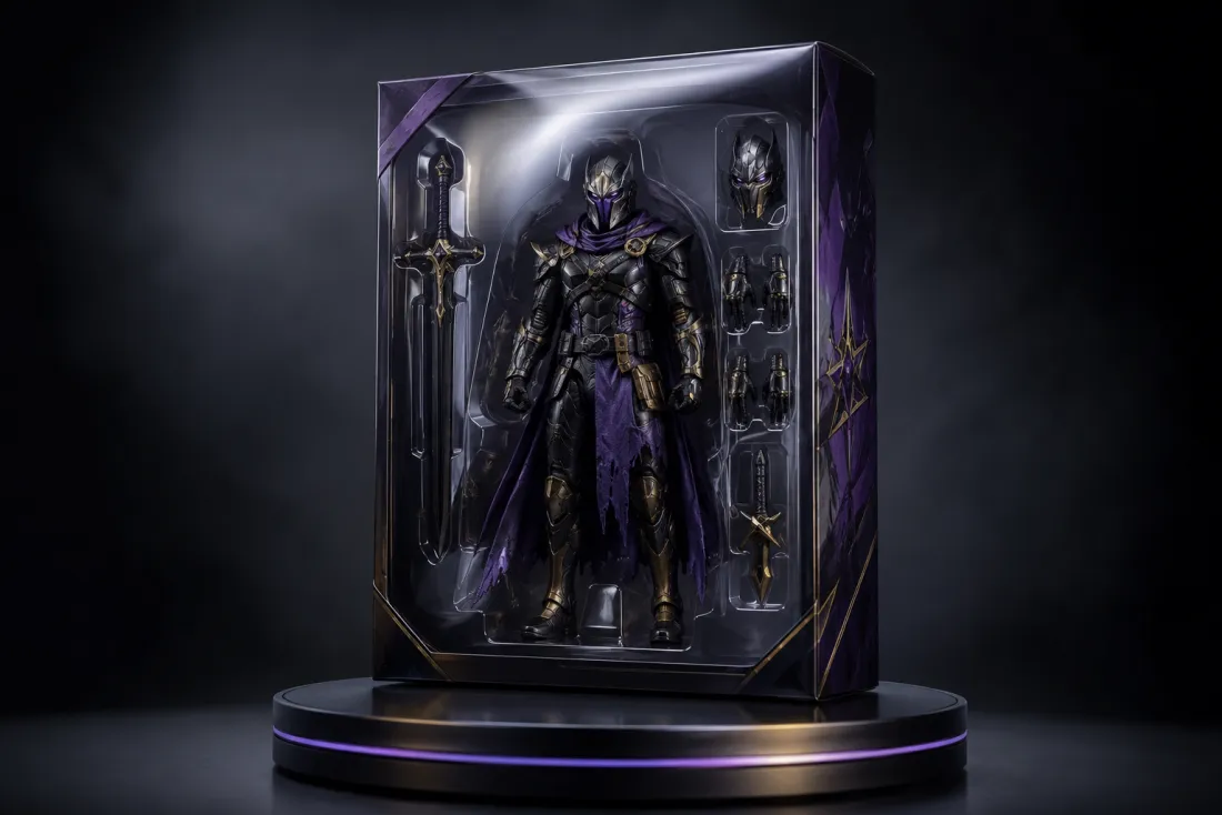 A vertical action-figure reveal video rotating in its box, ready for Reels and TikTok
