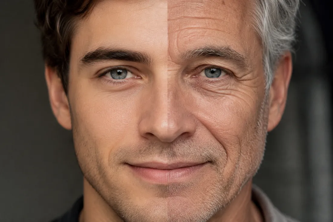 Side-by-side close-up showing the same person young and aged with features kept identical