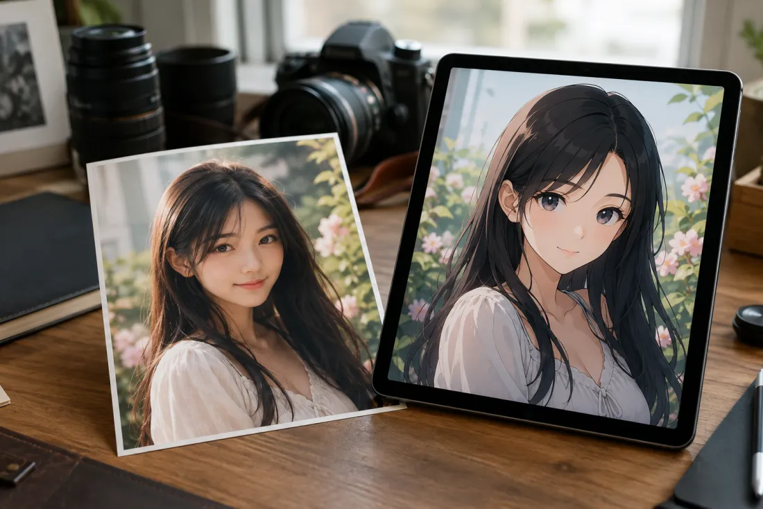 A real portrait redrawn into a clean anime-style illustration