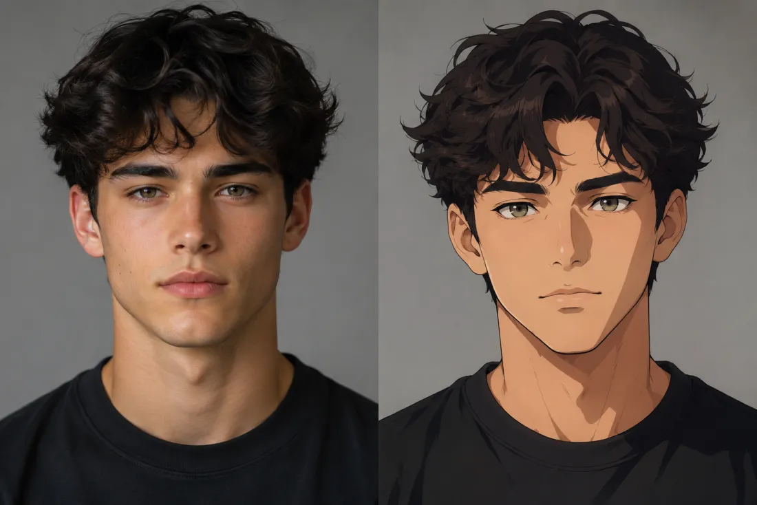 Side-by-side of a real face and its matching anime version