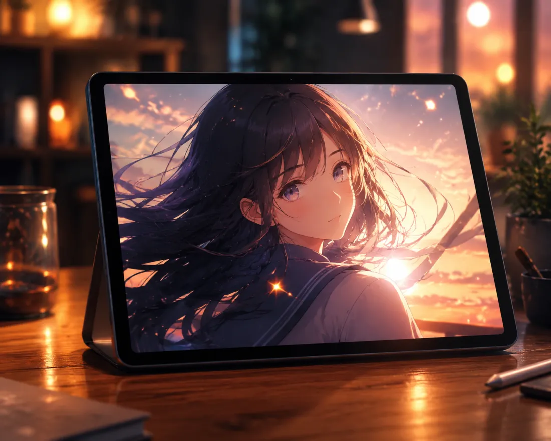 An anime portrait mid-motion with hair swaying and a sparkle effect