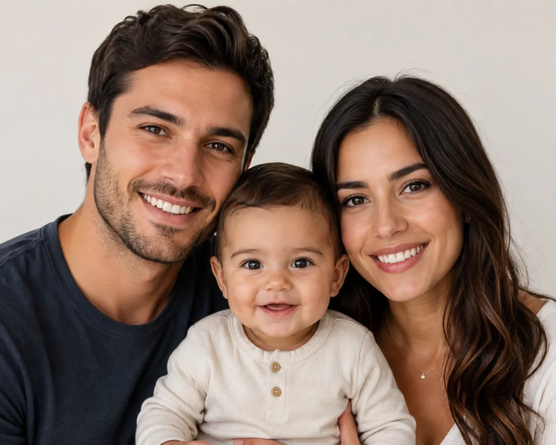 Side-by-side of two parents and the blended baby showing inherited features