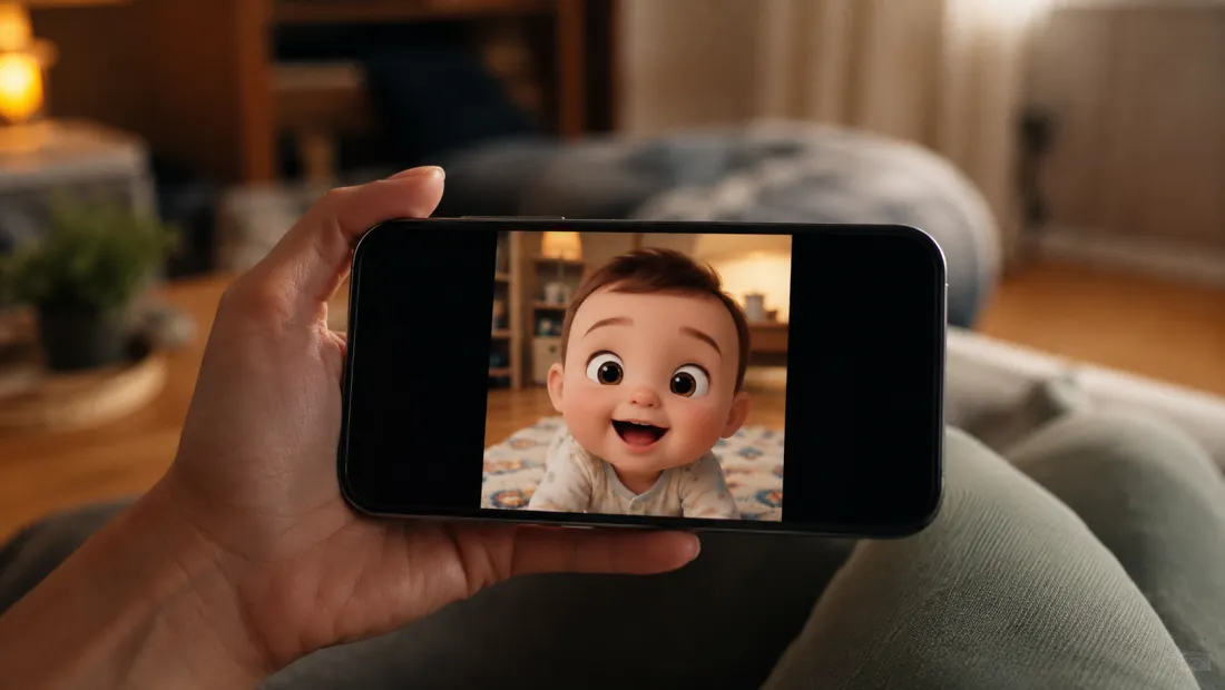 Vertical 9:16 phone showing an animated baby clip playing