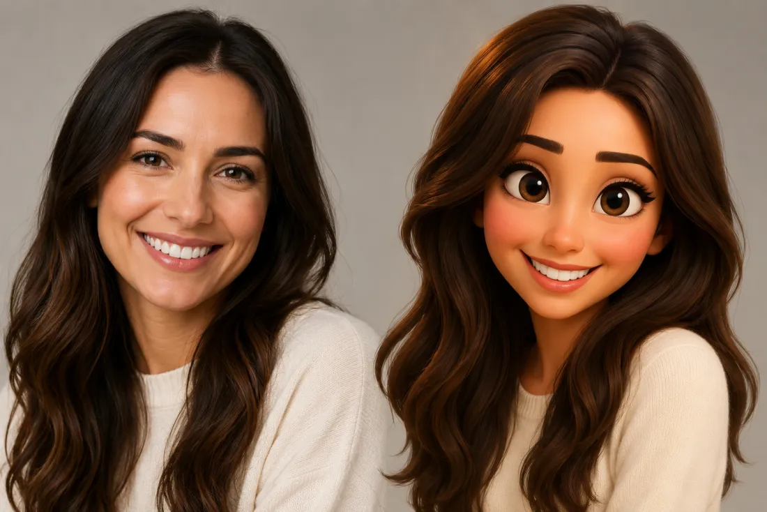 A real portrait turned into a glossy 3D Pixar-style cartoon character