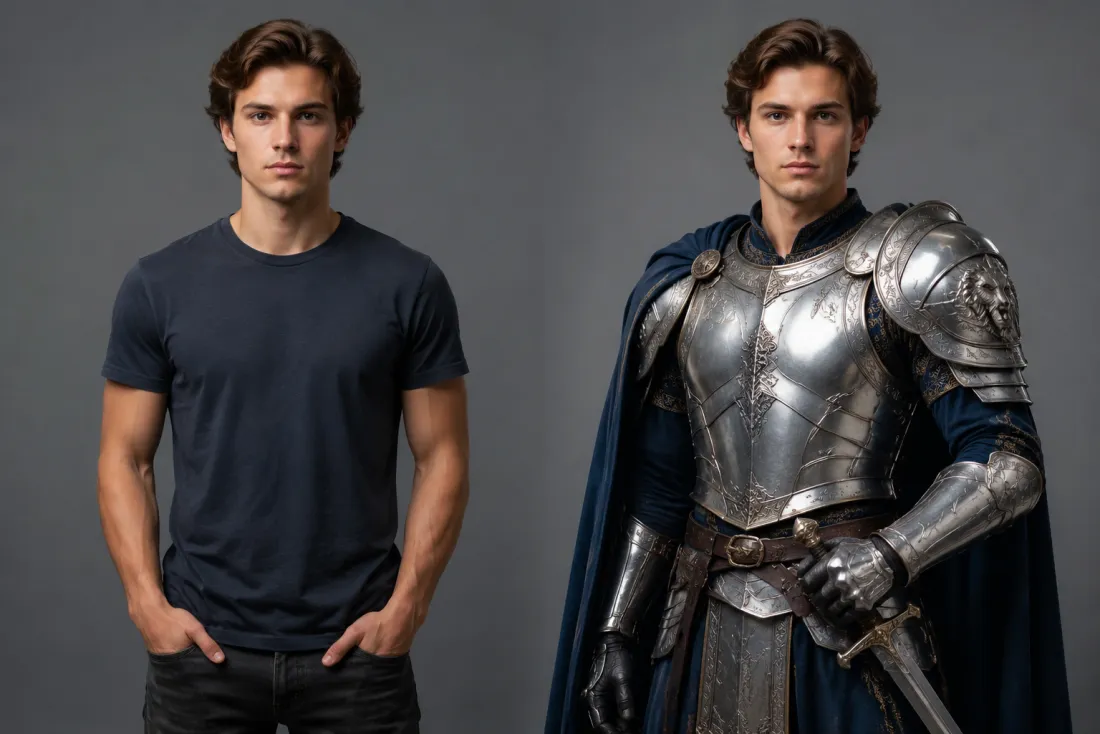 One photo shown before and after an AI costume change