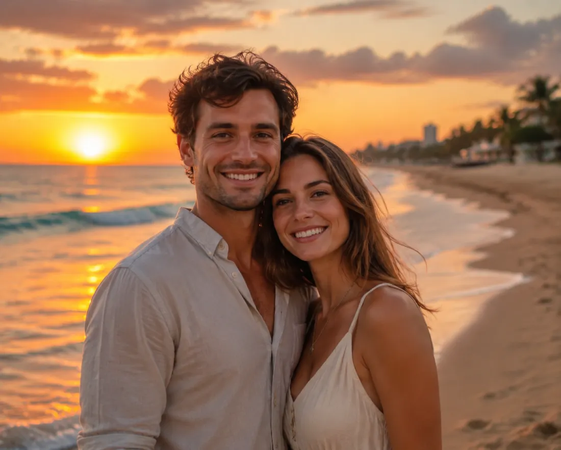 A couple composed into a chosen background scene