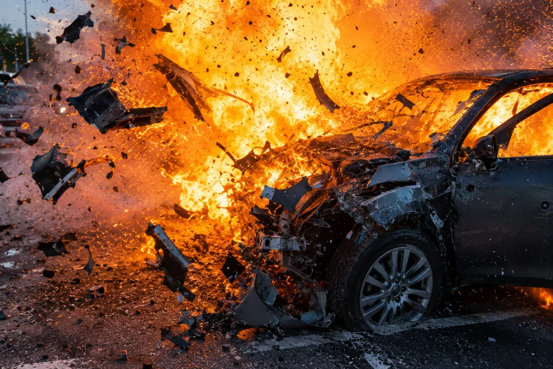 Close portrait of a person looking calm a moment before a playful explosion scatters them