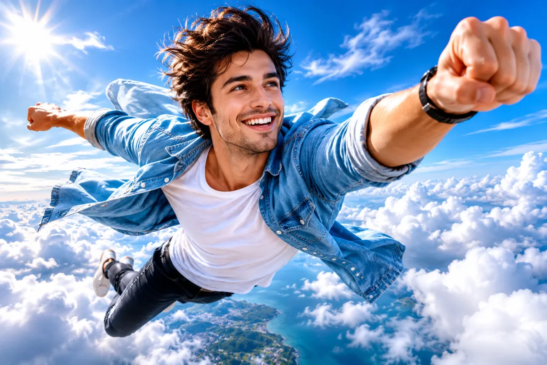 A still photo of a person animated into a soaring flight above the clouds
