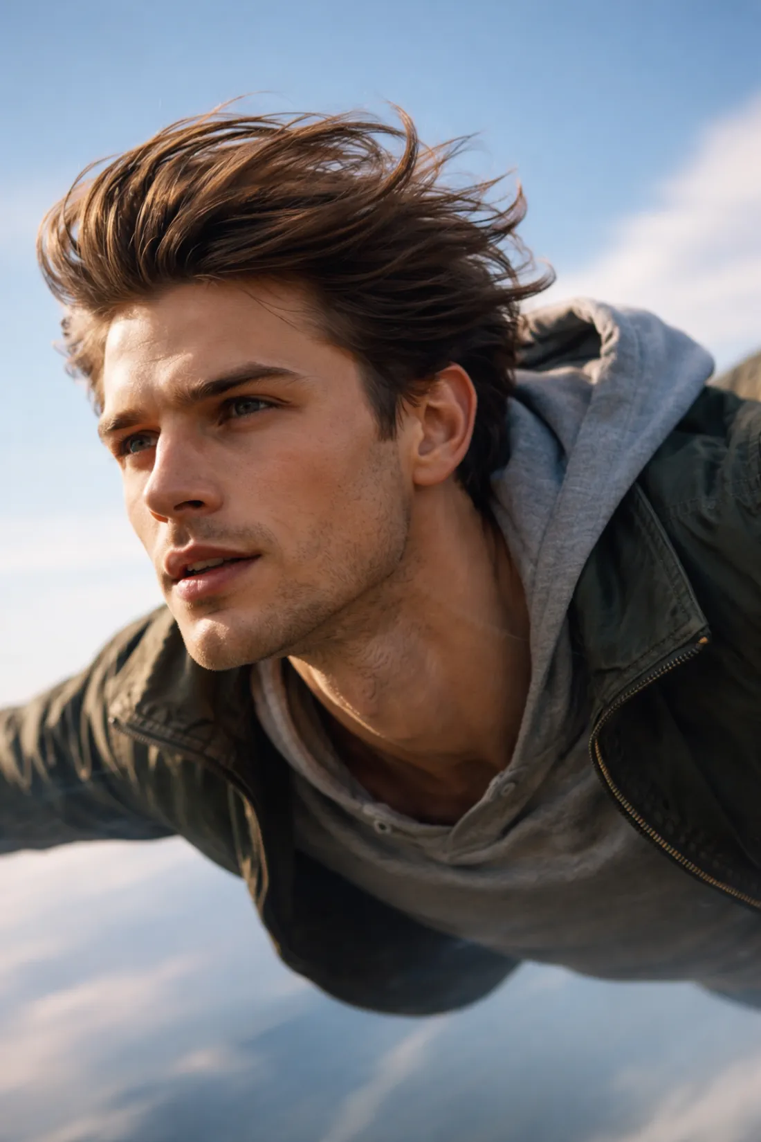 Close-up of a flying person showing the face kept true while the body soars