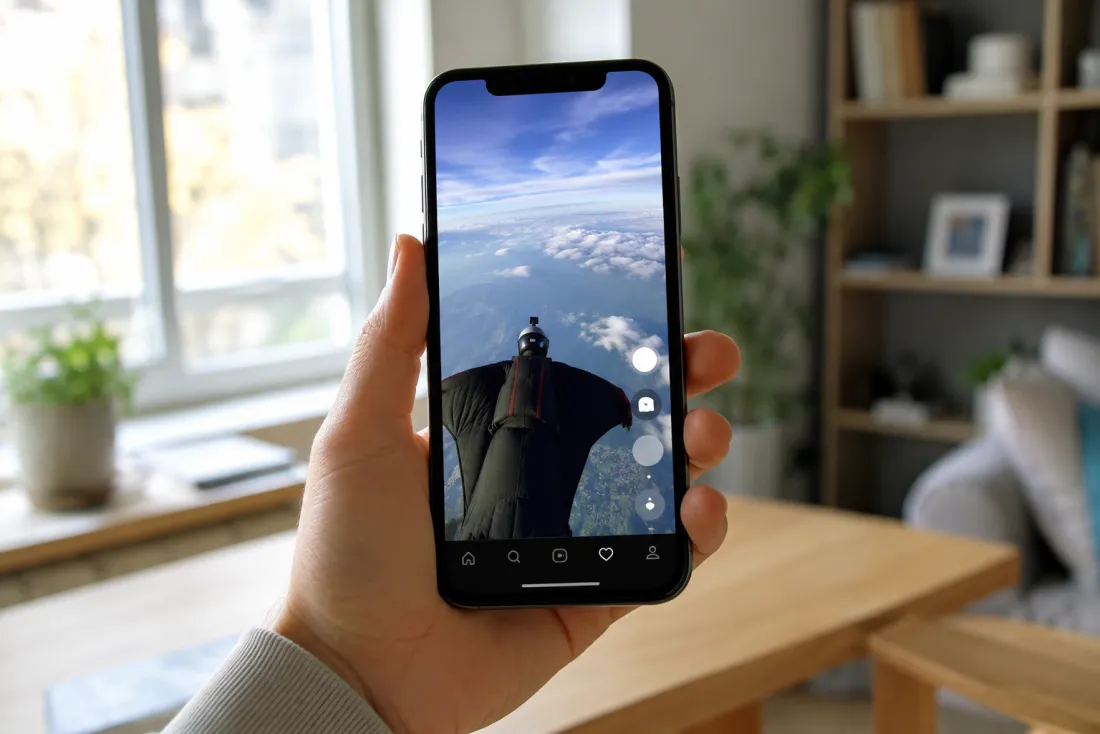 A vertical flying video on a phone ready for Reels, Shorts and TikTok