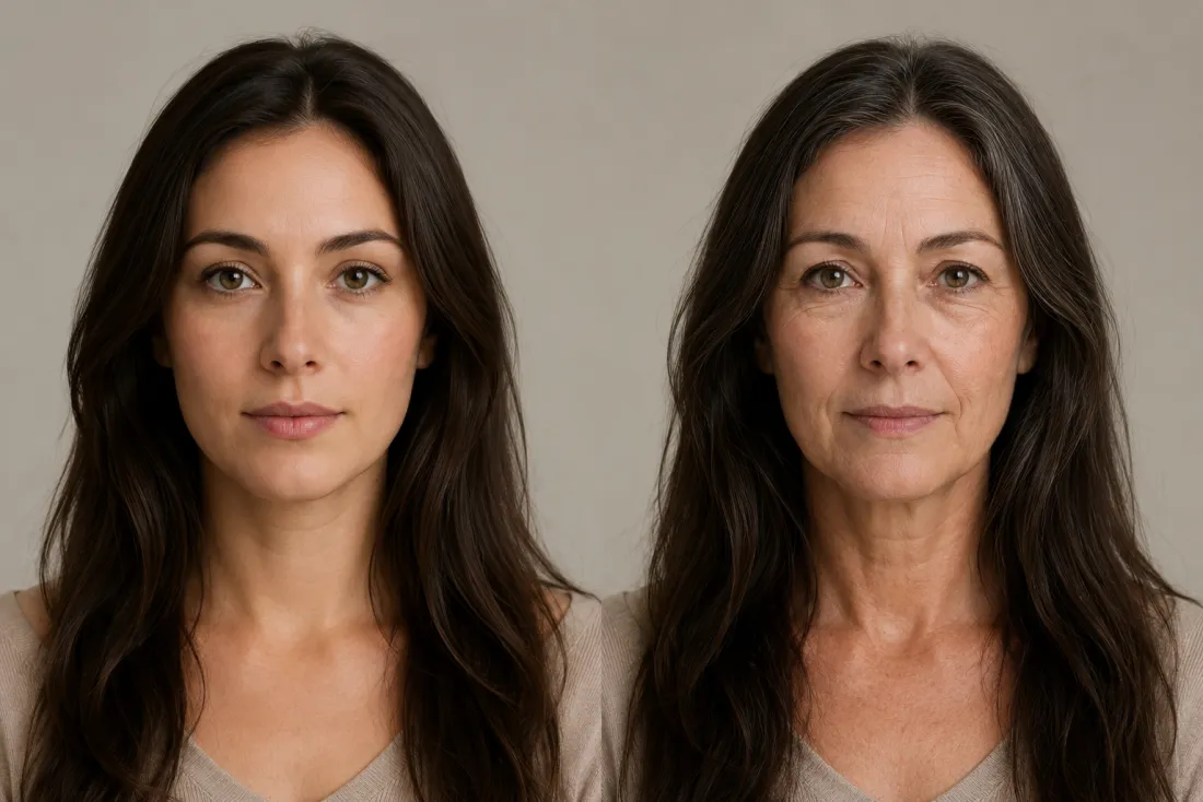 Split view of a young woman beside her aged future self from one photo