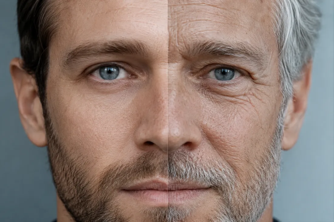 Close-up comparing a man's current face to his recognizable older self