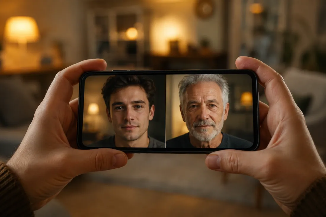 Phone screen showing a now-to-future reveal animation of the same person