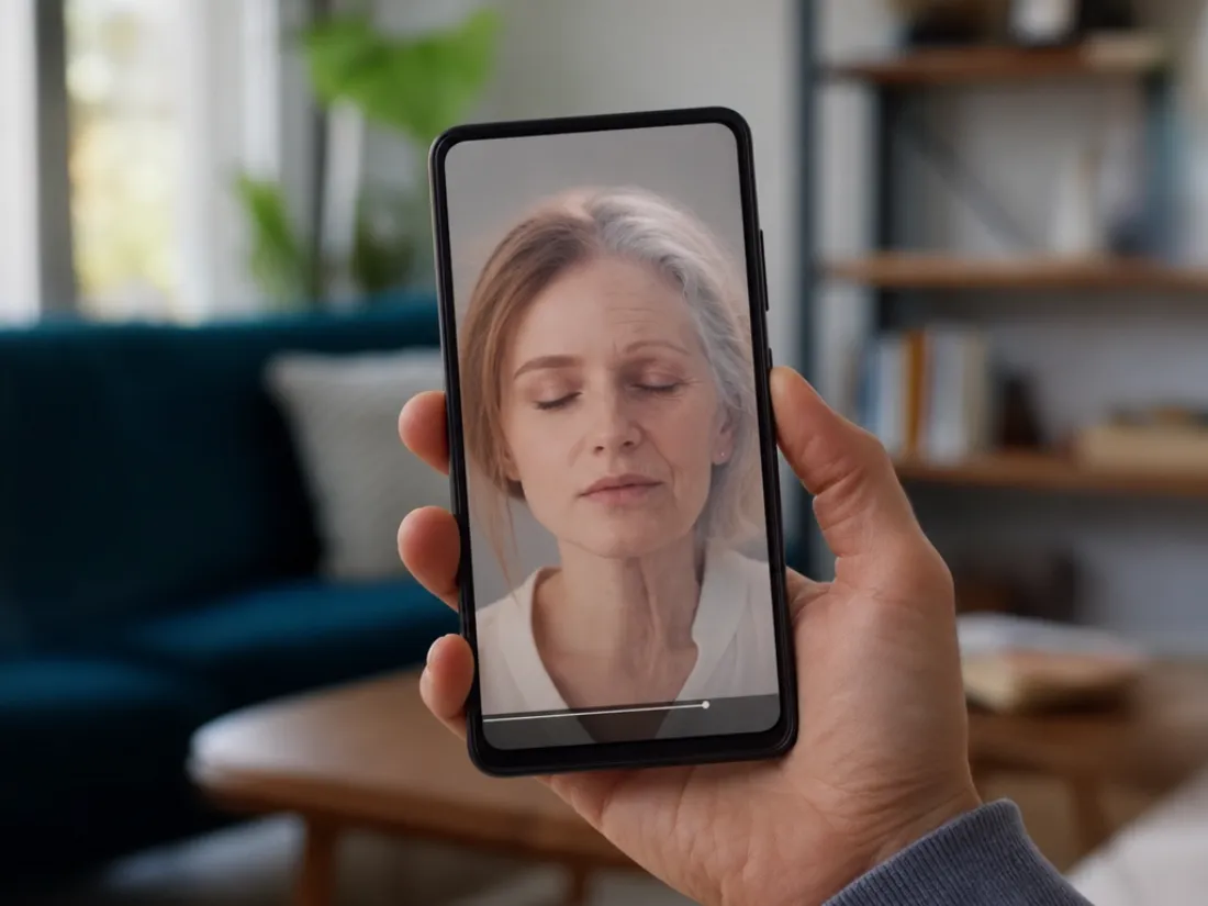 Vertical phone in hand playing a watermark-free aging clip