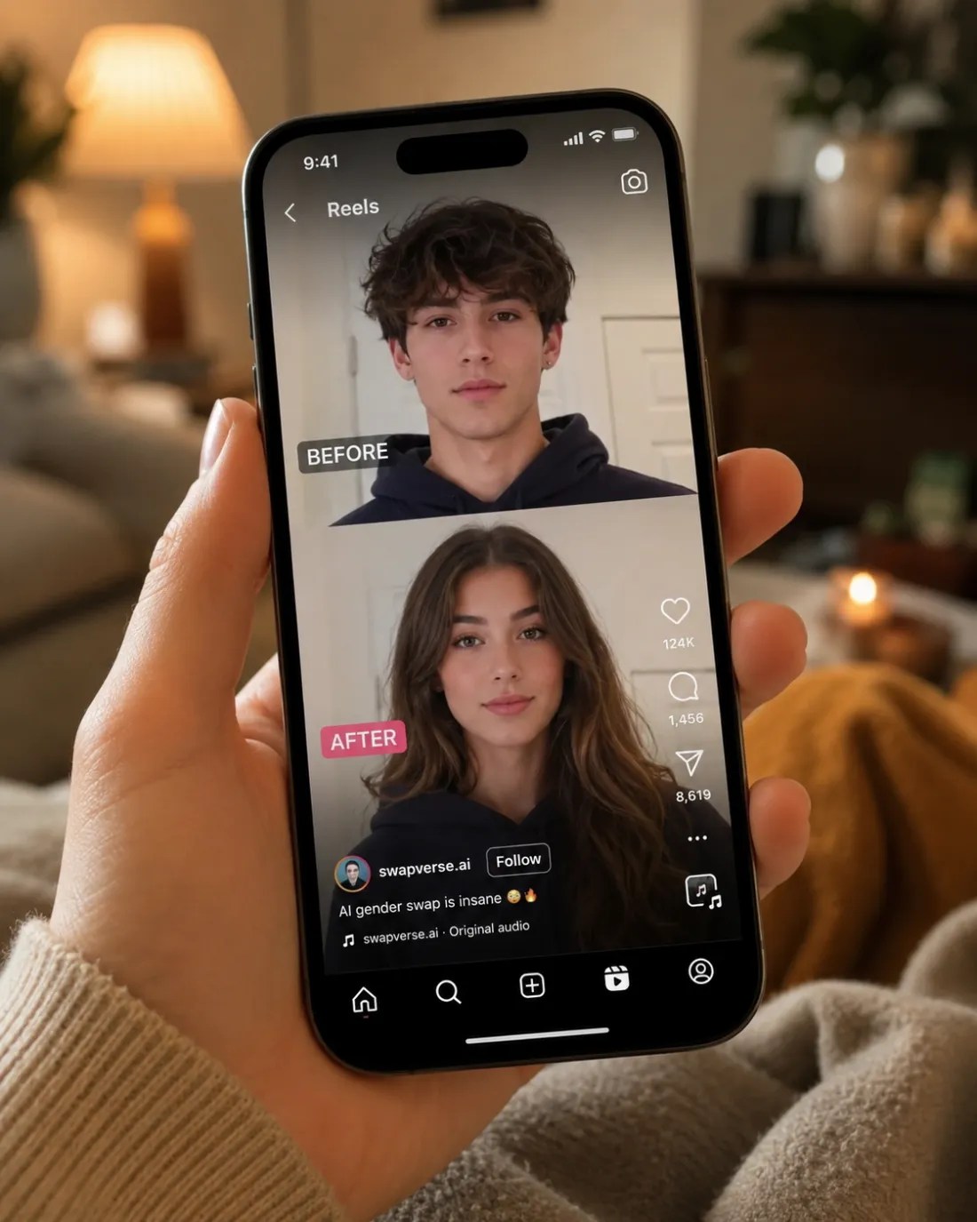 A vertical gender-swap reveal video ready for Reels and TikTok