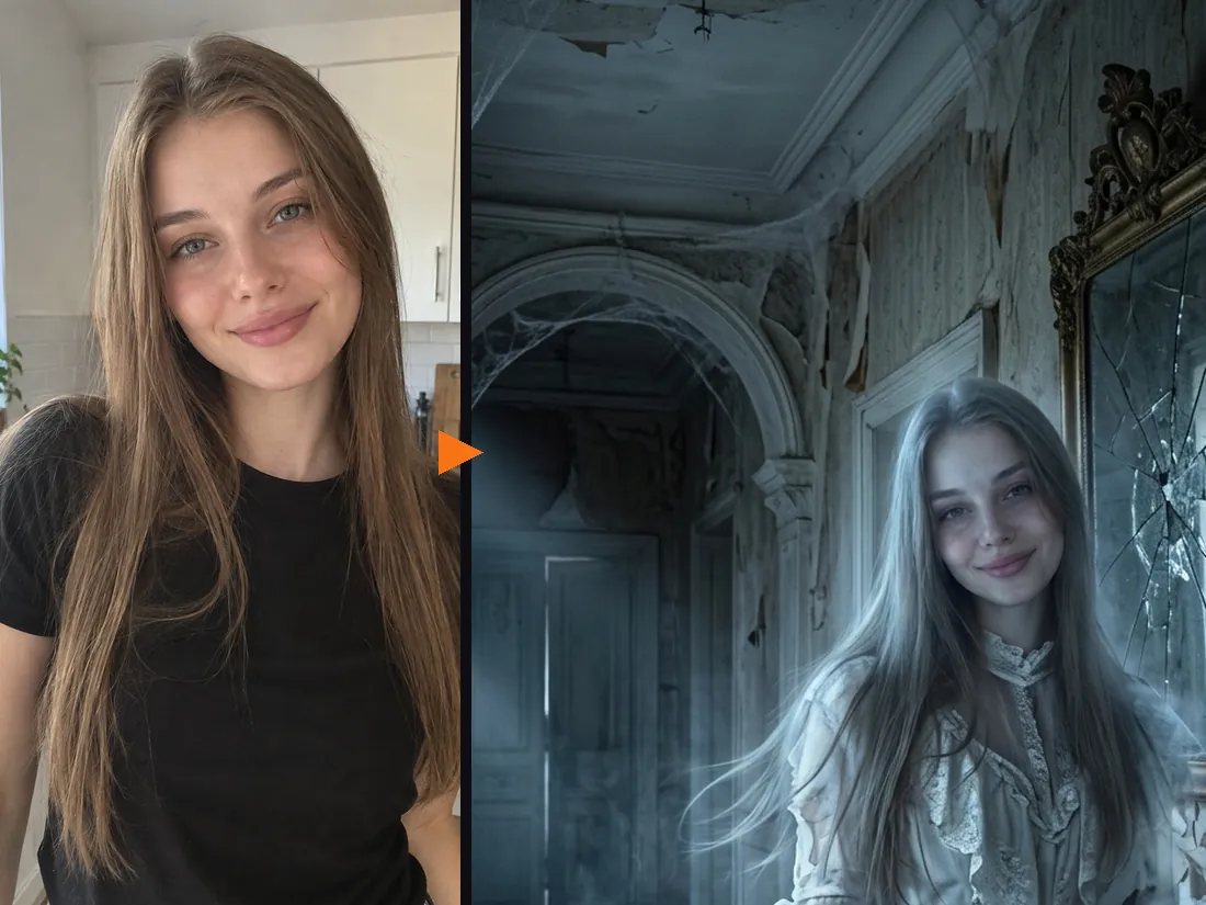 Before and after: an everyday selfie and the same woman as a glowing ghost