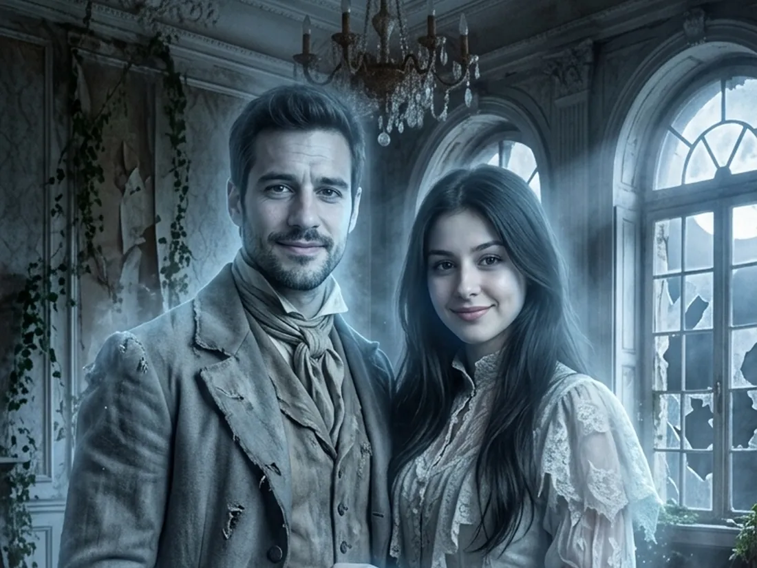 A couple turned into Victorian ghosts in a moonlit ballroom