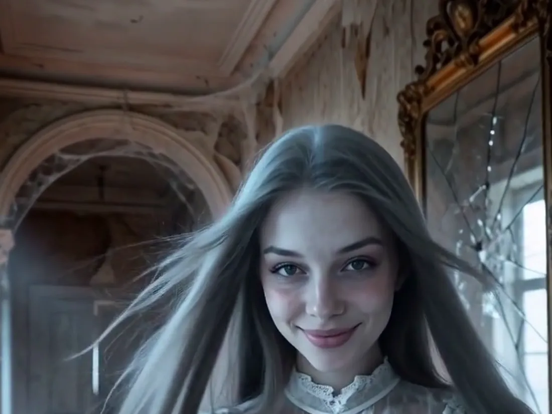 A frame from the ghost video with mist drifting through the hallway