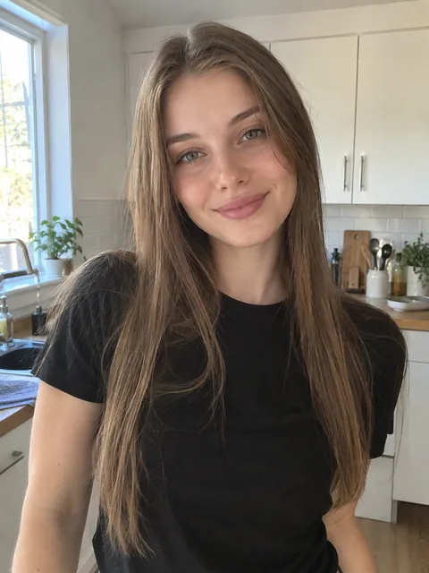 Example input: a woman in a black t-shirt in a bright kitchen