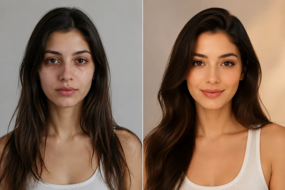 A plain everyday photo refreshed into a styled, radiant glow-up look