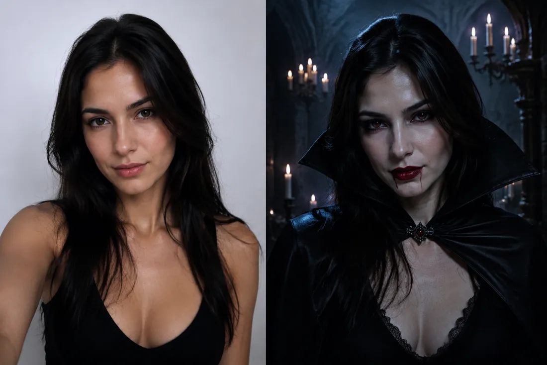 A plain selfie on the left transformed into a vampire costume look on the right