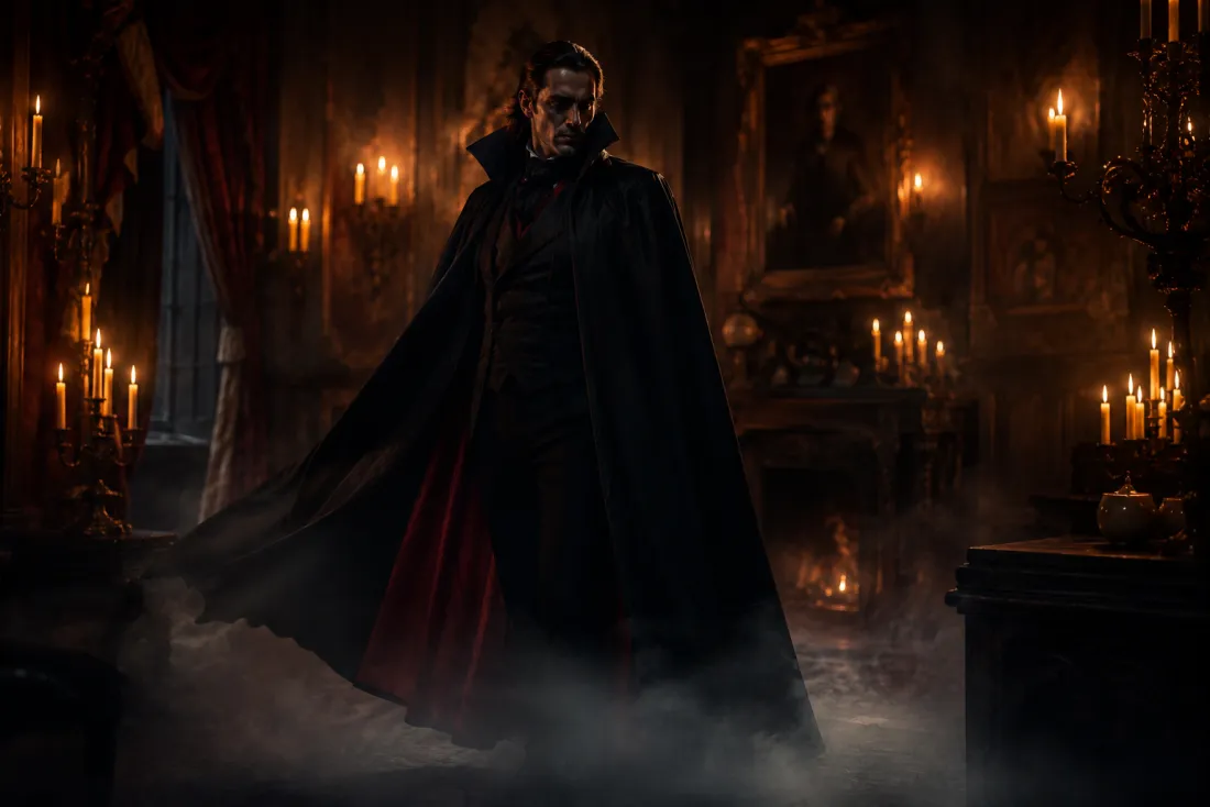 A costumed figure lit by flickering candlelight with low fog drifting across the frame