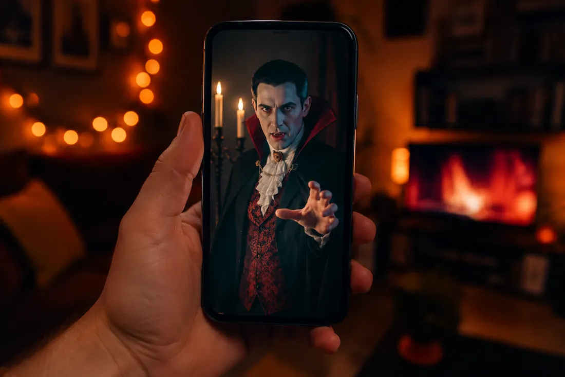 A phone held vertically playing a short Halloween costume clip with no watermark