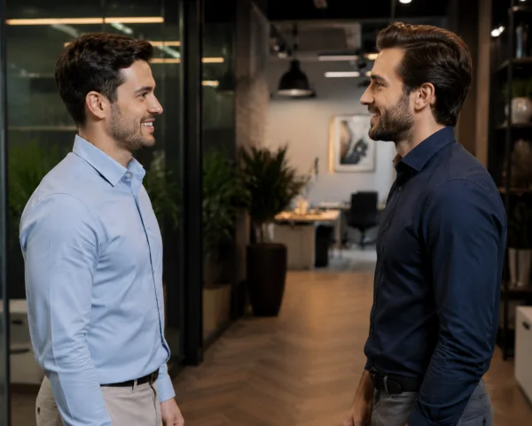 A real photo of two people standing face to face