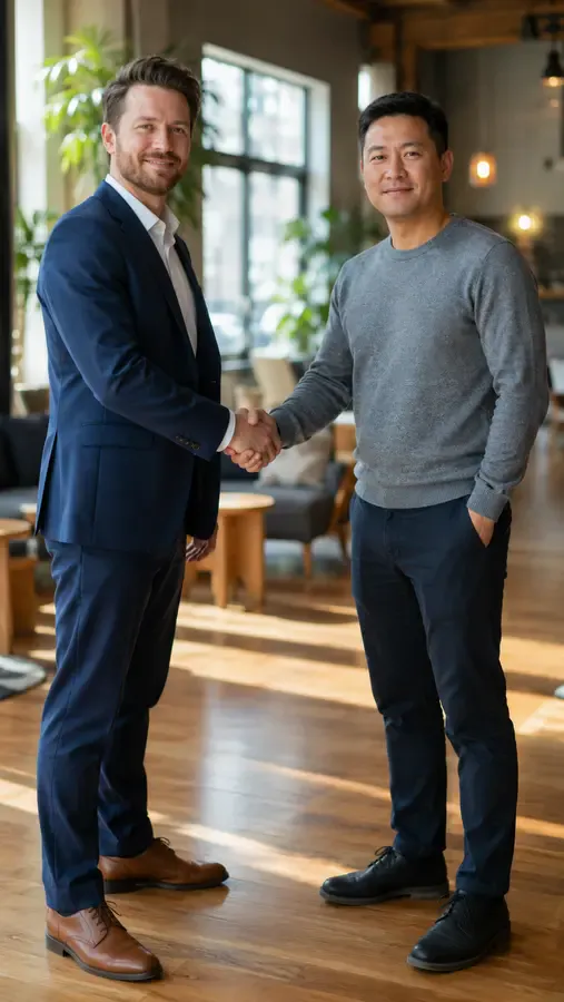 Two people from different photos merged into one handshake frame
