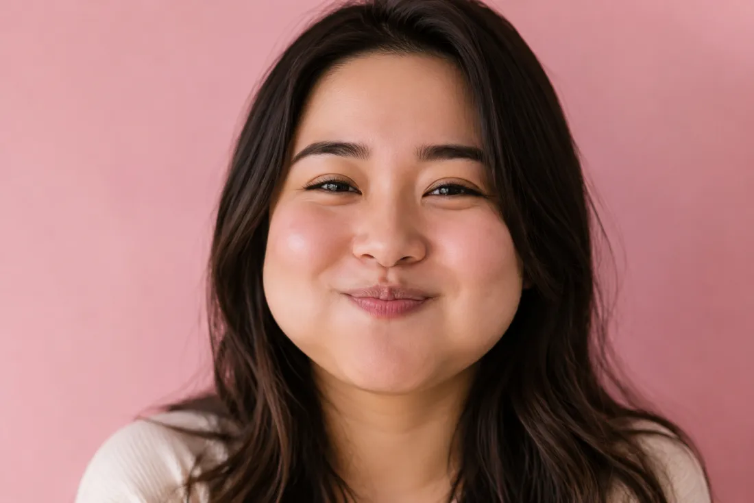 Close-up of a woman's face staying recognizable as her body inflates