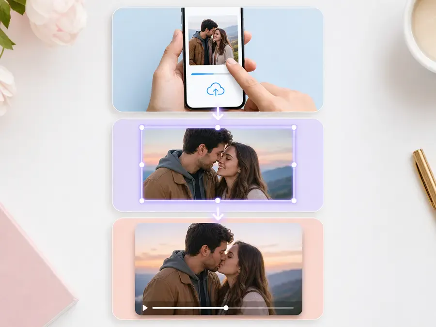 The three steps of turning a photo into a kiss video