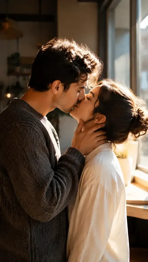 Two people from different photos merged into one kissing frame