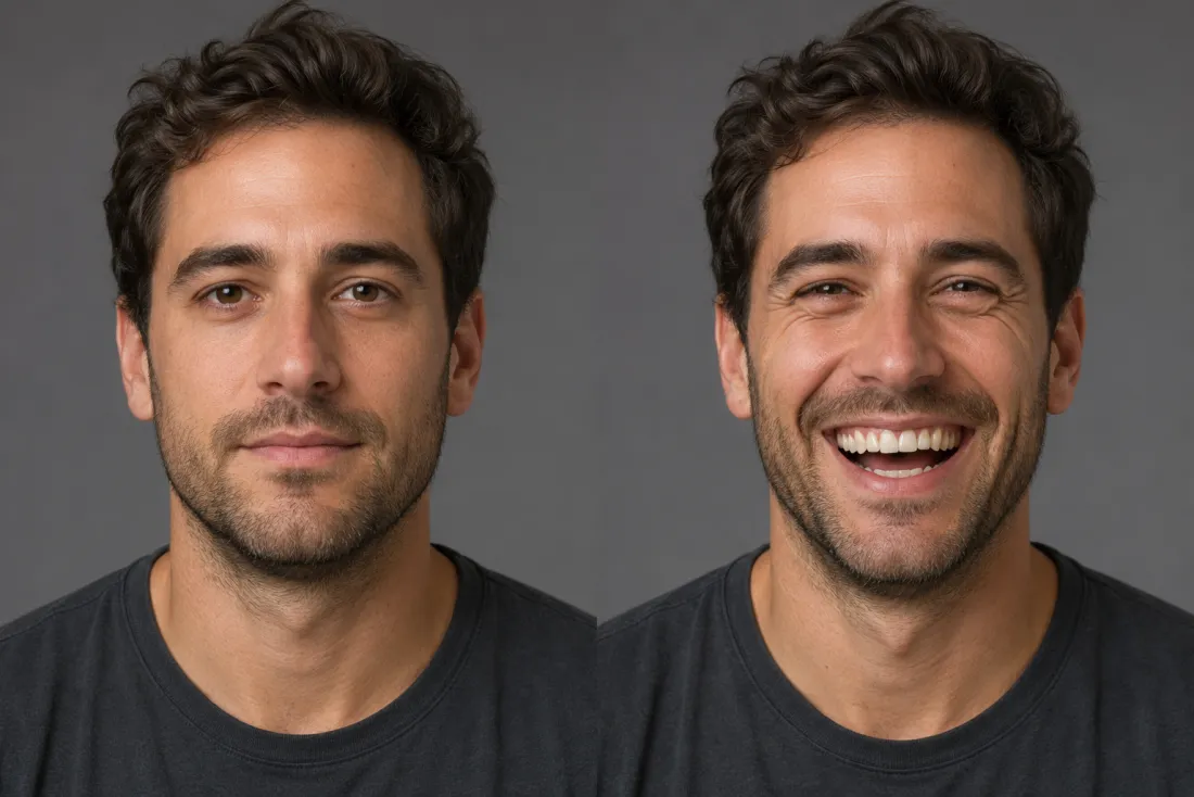 Side-by-side of a man's calm photo and the same man mid-laugh with identity preserved