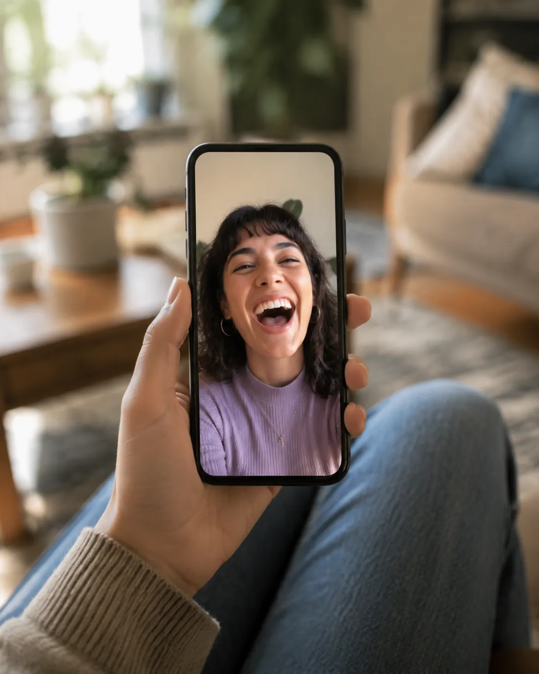 A vertical phone screen playing a short clip of a person laughing, ready to share