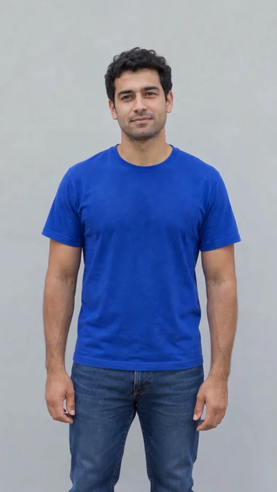 Opening frame of the actual sample, the adult still human in a blue shirt