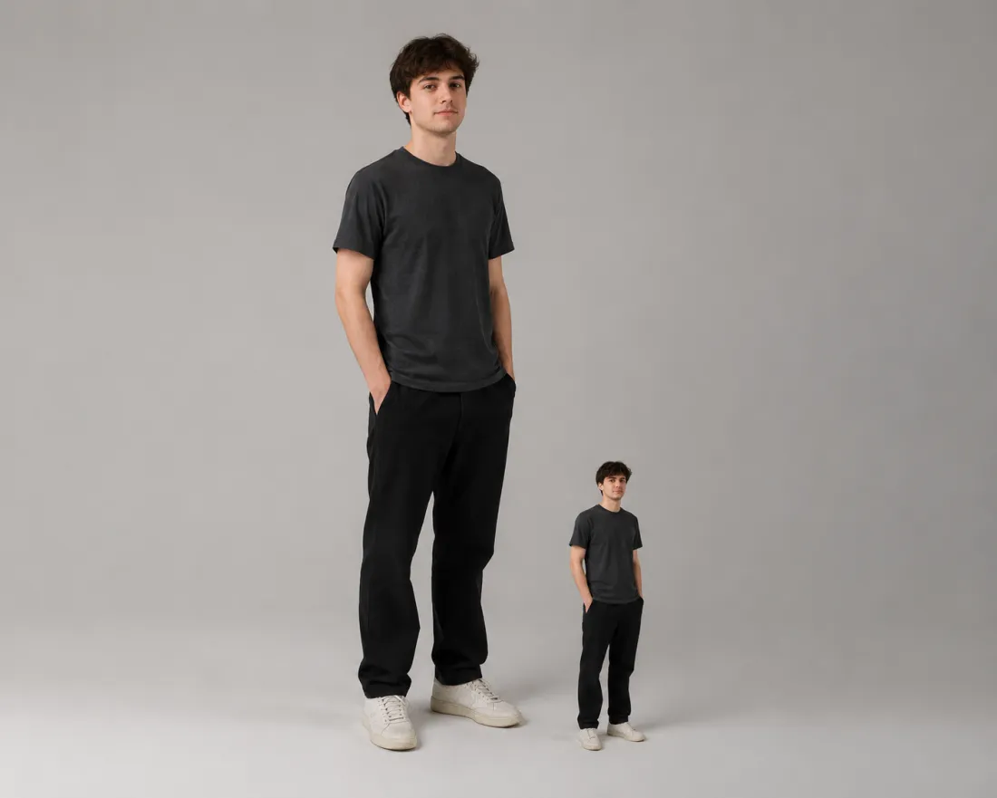 A person standing beside a tiny knee-high clone of themselves