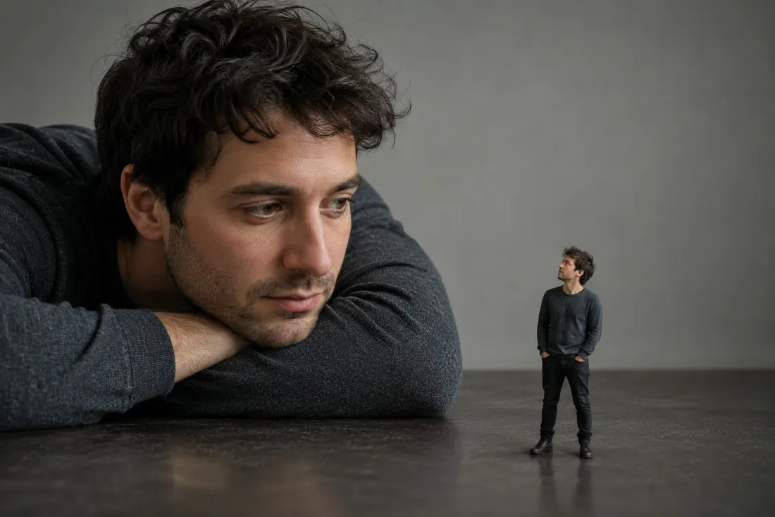 Close-up showing the same face on both the full-size person and the mini clone