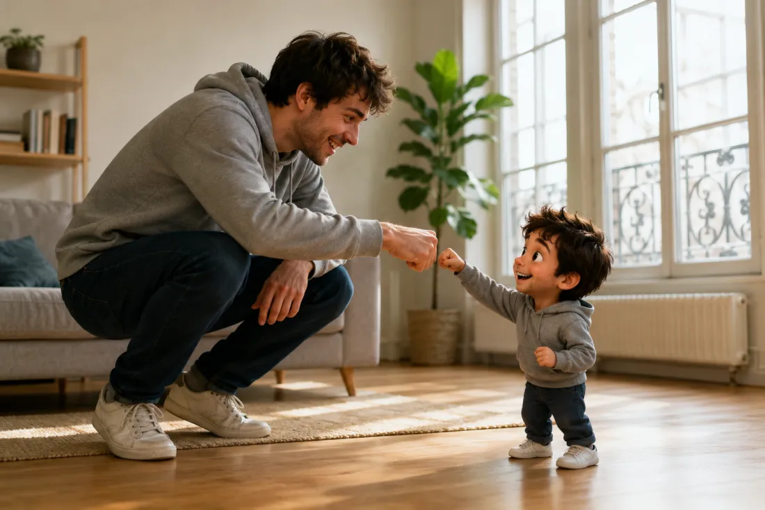 A person fist-bumping their tiny animated clone