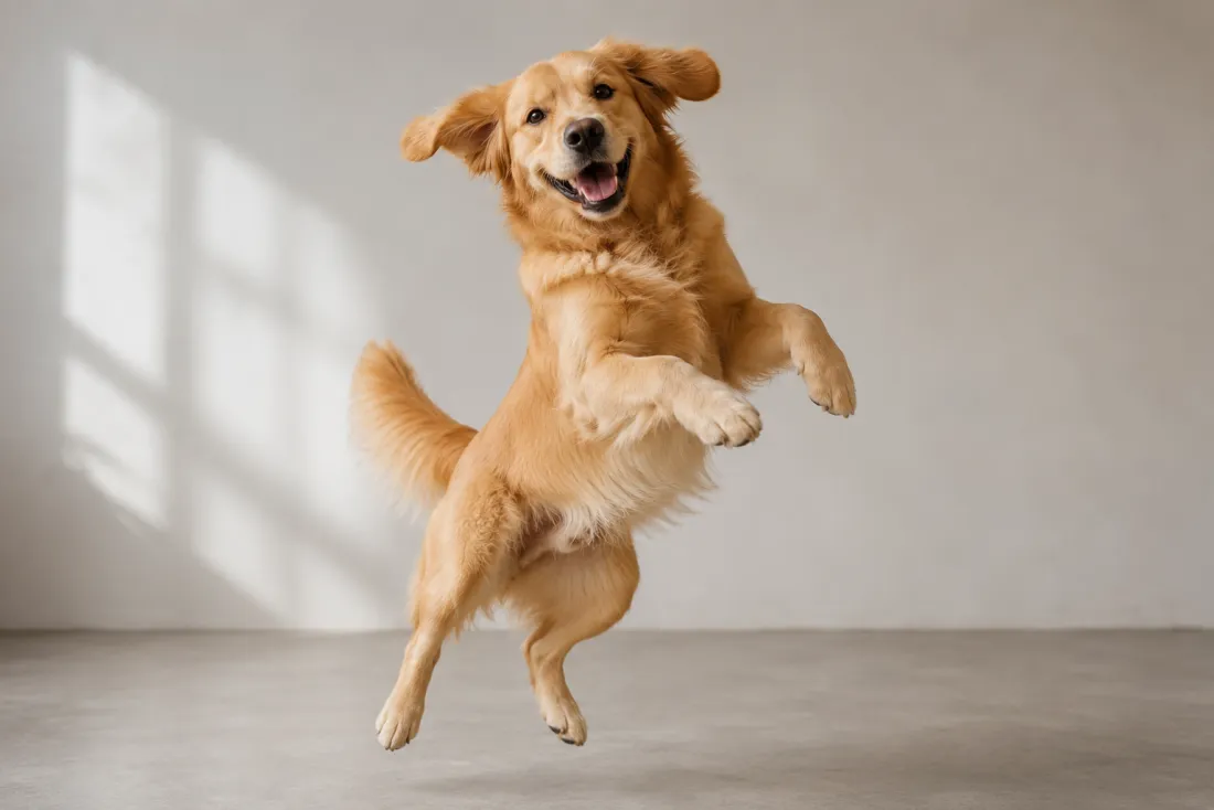 A still photo of a dog animated into a fun dance move