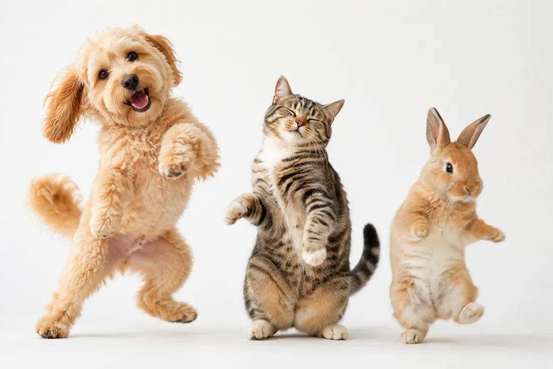 A dog, a cat and a rabbit each shown mid dance move
