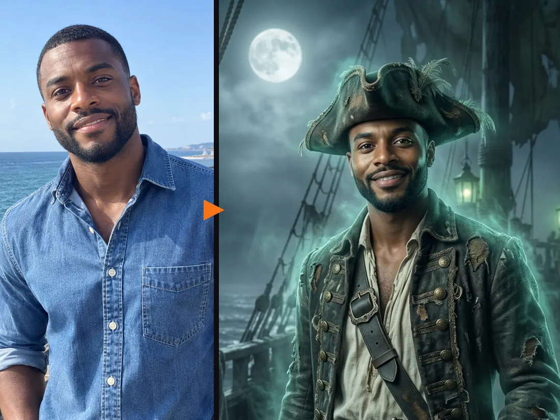 Before and after: an everyday selfie and the same man as a pirate captain