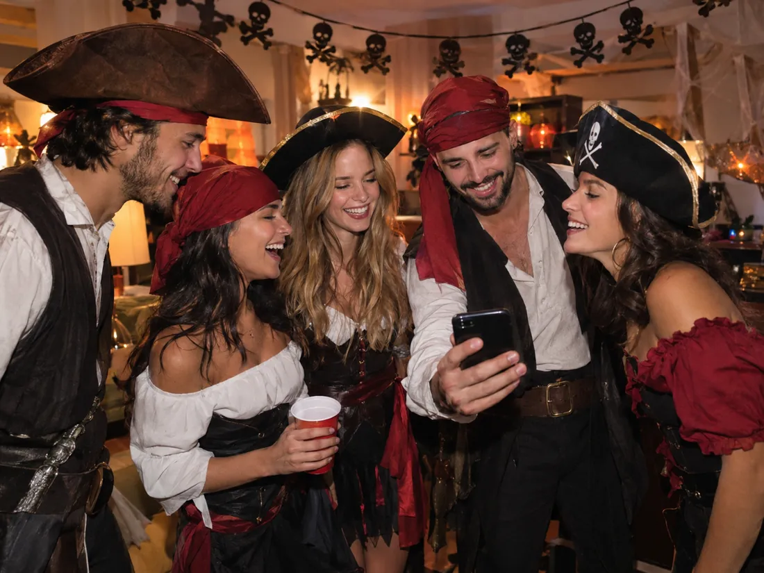 Friends at a pirate-themed Halloween party laughing at a photo on a phone